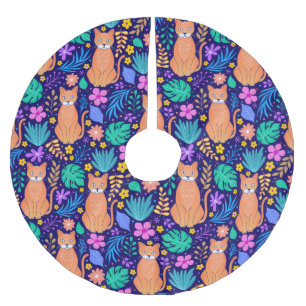 Katzen & tropische Blume: dunkles Muster Polyester Weihnachtsbaumdecke
