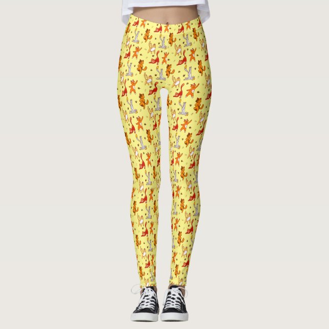Katzen üben Yoga Muster blassgelb Leggings (Vorderseite)