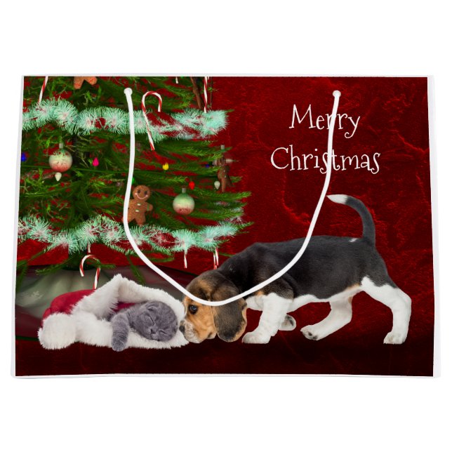 Katzen-und Beagle-Weihnachten Große Geschenktüte (Vorderseite)
