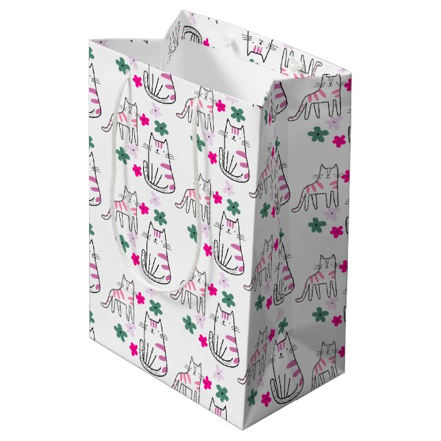 Katzen und Blume auf Weiß Mittlere Geschenktüte (Rückseite Schrägansicht)