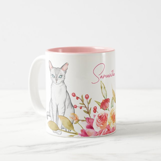 Katzen und Blume Personalisiert, rosa und weiß Zweifarbige Tasse (Vorderseite Links)