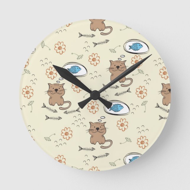 Katzen- und Fischmuster Runde Wanduhr (Vorderseite)
