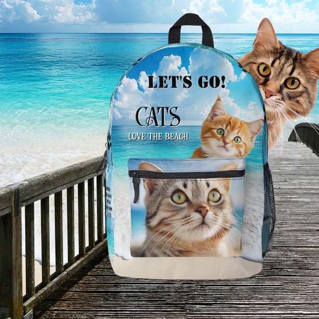 Katzen und Foto in Strandfarbe Bedruckter Rucksack (Fun backpack featuring your photo on the pocket and a tropical turquoise beach with cute kitten)