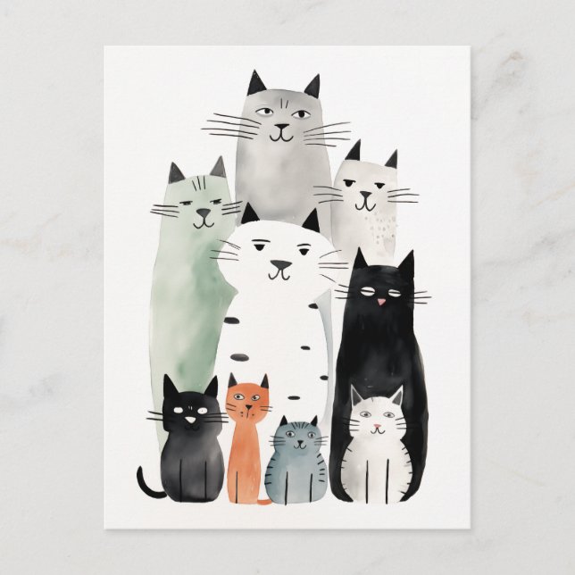 Katzen und Freunde Wasserfarbe Gouache Illustratio Postkarte (Vorderseite)