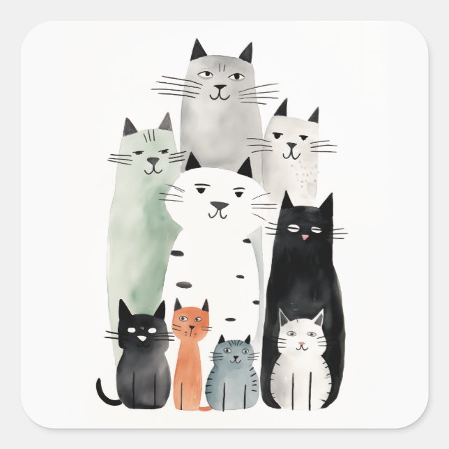 Katzen und Freunde Wasserfarbe Gouache Illustratio Quadratischer Aufkleber (Vorderseite)