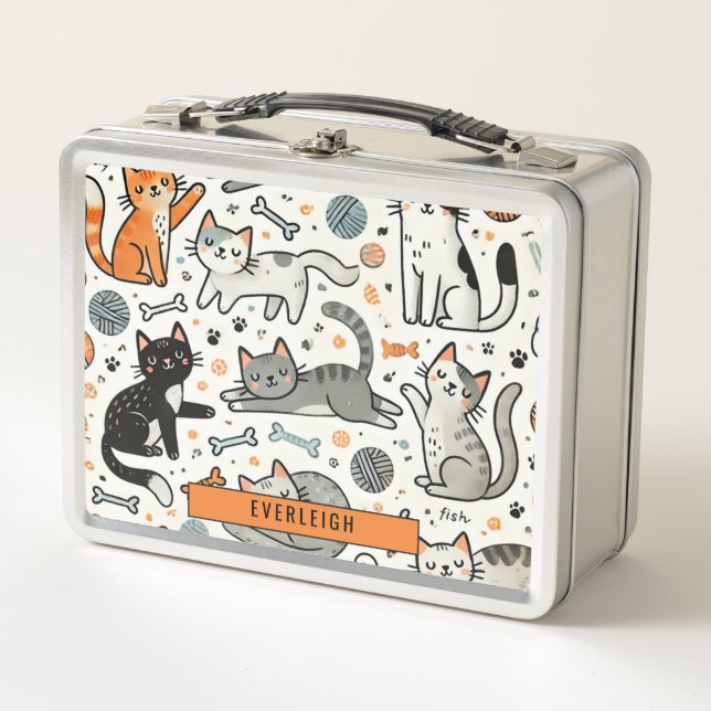 Katzen und Garne für personalisierte Kinder Metall Brotdose (Vorderseite)