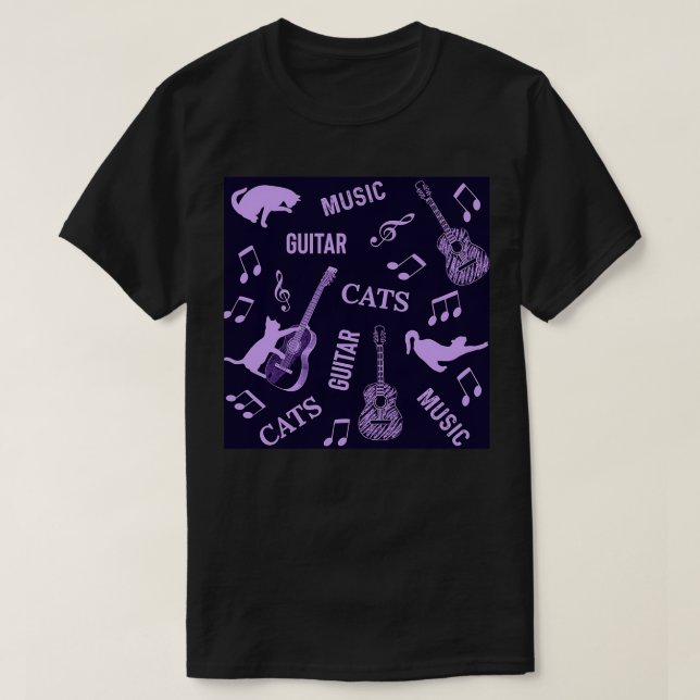 Katzen und Gitarren lila T-Shirt (Design vorne)