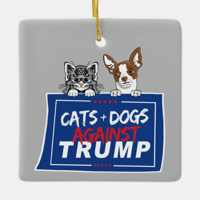 KATZEN UND HUNDE GEGEN TRUMP KERAMIKORNAMENT (Vorderseite)