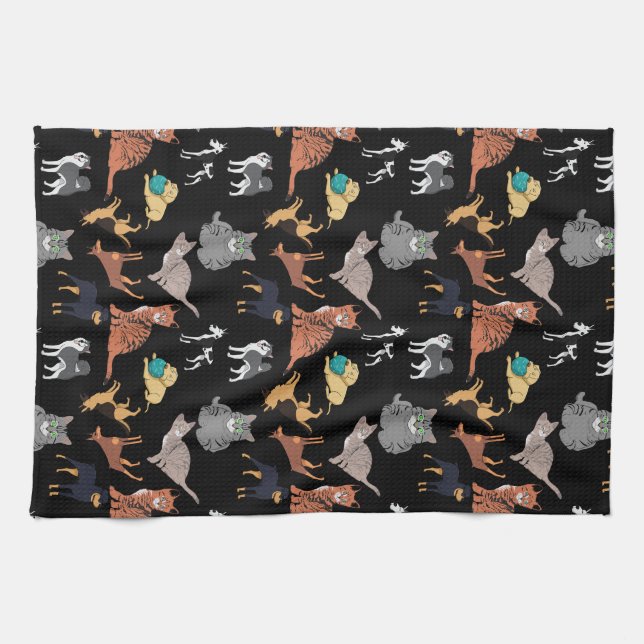 Katzen und Hunde Muster Design auf Schwarz  Geschirrtuch (Horizontal)