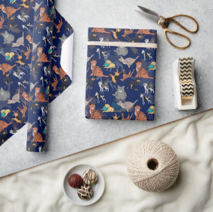 Katzen und Hunde Musterdesign auf Blau Geschenkpapier