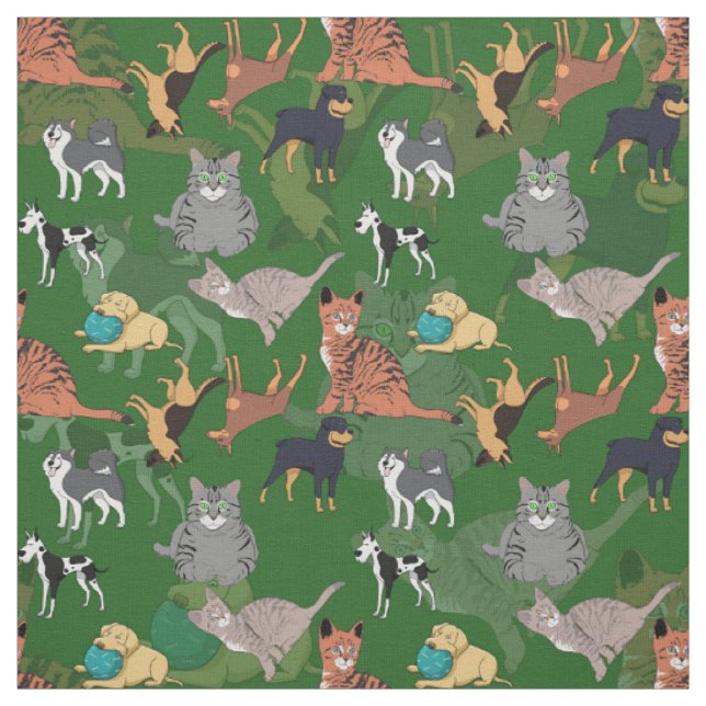 Katzen und Hunde Musterdesign auf Grün Stoff (Muster)