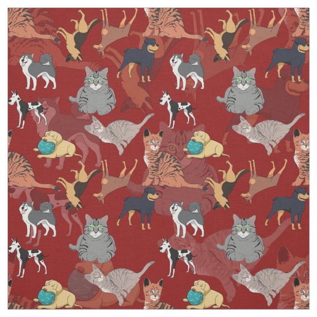 Katzen und Hunde Musterdesign auf Rot Stoff (Muster)