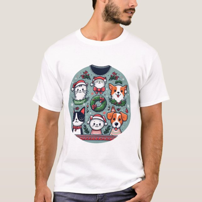 Katzen und Hunde Weihnachten T-Shirt (Vorderseite)