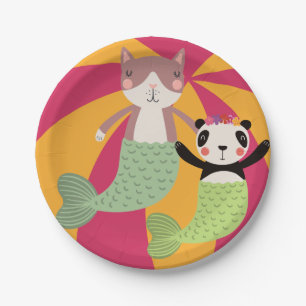 Katzen-und Panda-Sommer-Meerjungfrauen Pappteller