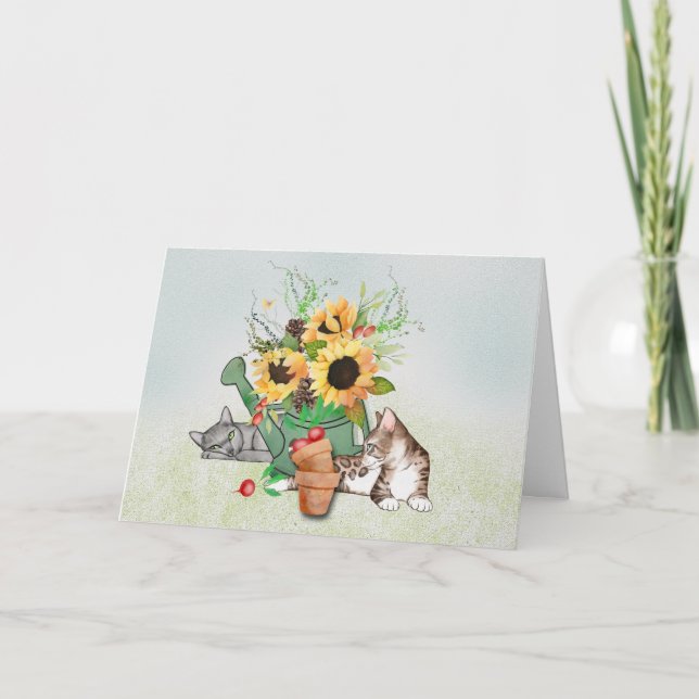 Katzen und Sonnenblumen im Garden-Erntedank Karte (Vorderseite)
