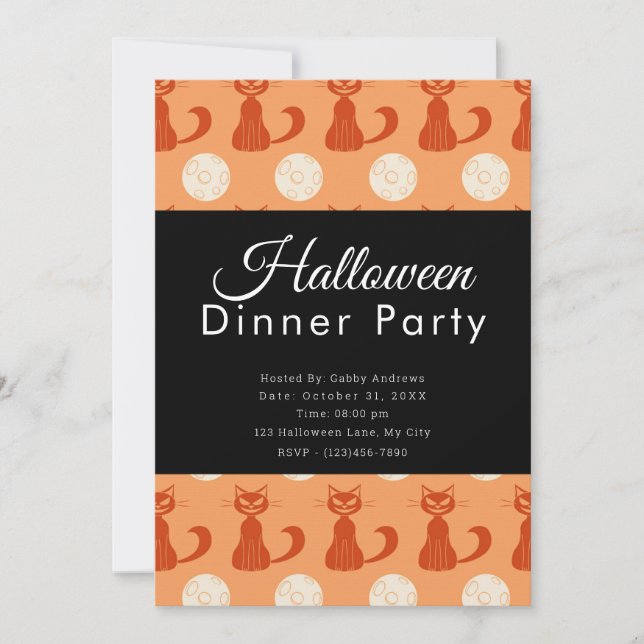 Katzen und Vollmond Orange Halloween Abendessen Pa Einladung (Vorderseite)