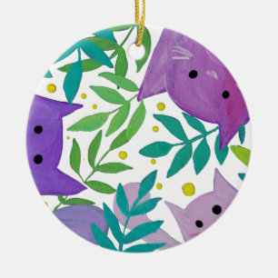 Katzen und Zweige - lila und grün Keramik Ornament