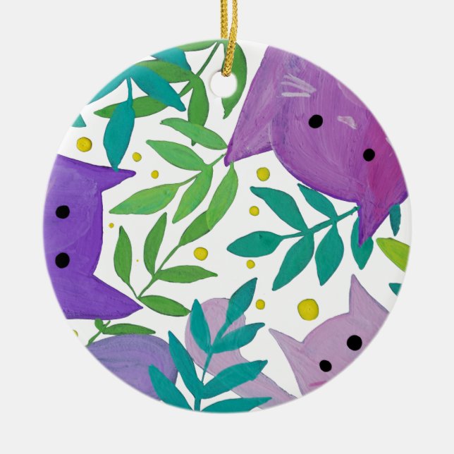 Katzen und Zweige - lila und grün Keramik Ornament (Vorne)