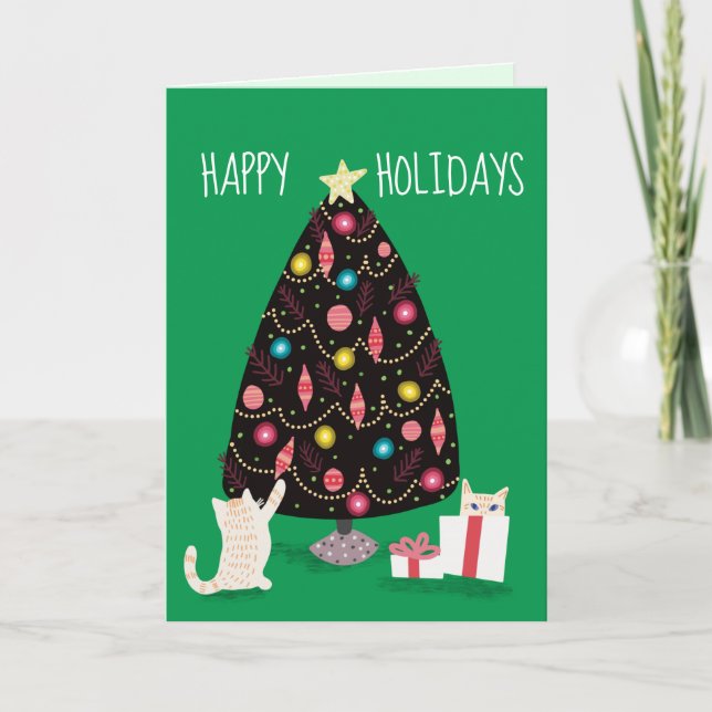 Katzen unter dem Weihnachtsbaum grün Feiertagskarte (Vorderseite)
