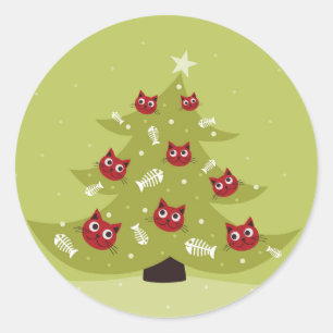 Katzen-Weihnachtsbaum mit Fisch-Verzierungen Runder Aufkleber