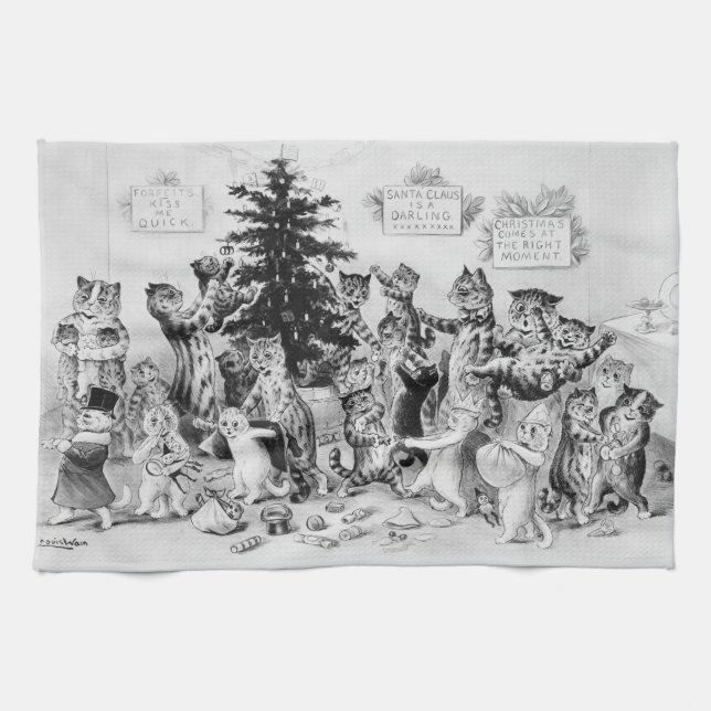 Katzen zu Weihnachten Louis Wain Geschirrtuch (Horizontal)