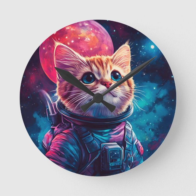 Katzenastronautenraum Runde Wanduhr (Vorderseite)