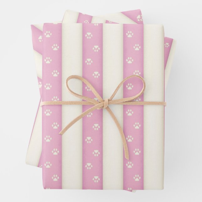 Katzenaufdruck auf rosa und antike weiße Streifen Geschenkpapier Set (Beispiel)