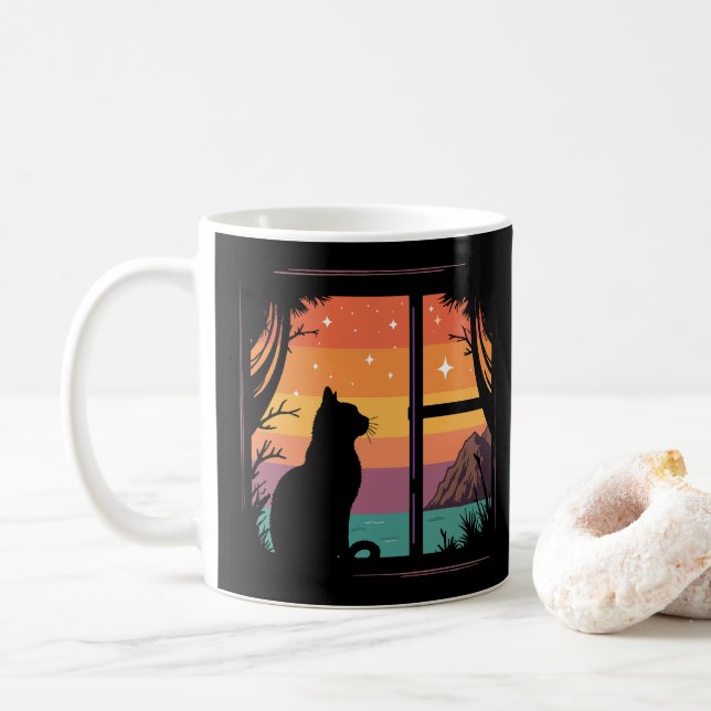 Katzenaufsatz Silhouette Retro Sunset Kaffeetasse (Mit Donut)