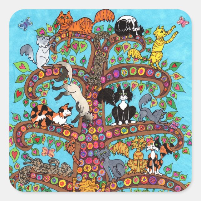 Katzenbaum 2 quadratischer aufkleber (Vorderseite)