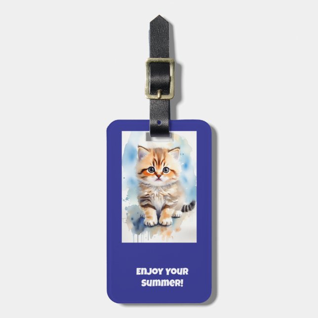 Katzenbild Text Blau Gepäckanhänger (Vorderseite vertikal)