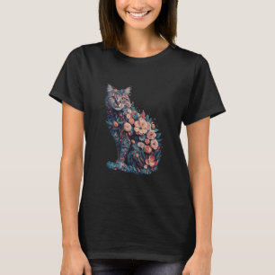 Katzenblumen-Silhouette Katze Tropische Blumen Gra T-Shirt