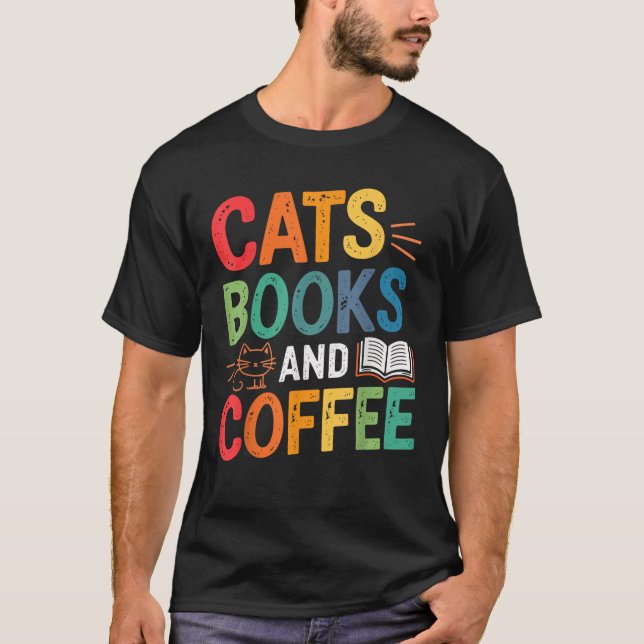 Katzenbücher und Kaffee-Lover T-Shirt (Vorderseite)