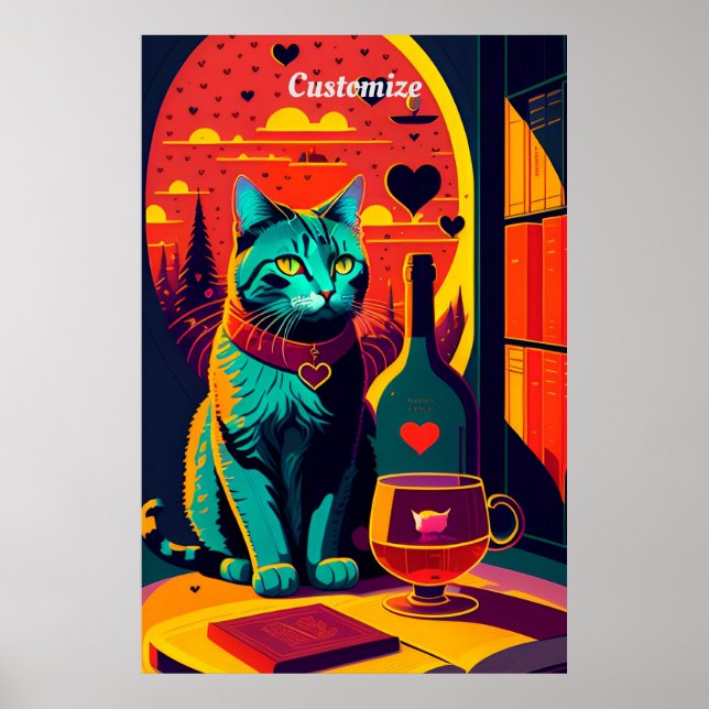 Katzenbücher und Wein im Sonnenschein Poster (Vorne)