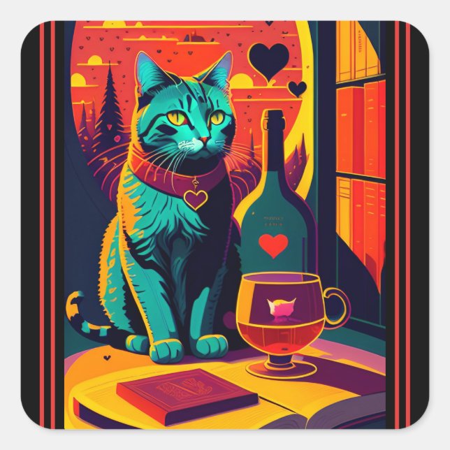 Katzenbücher und Wein im Sonnenschein Quadratischer Aufkleber (Vorderseite)
