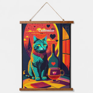Katzenbücher und Wein im Sonnenschein Wandteppich Mit Holzrahmen