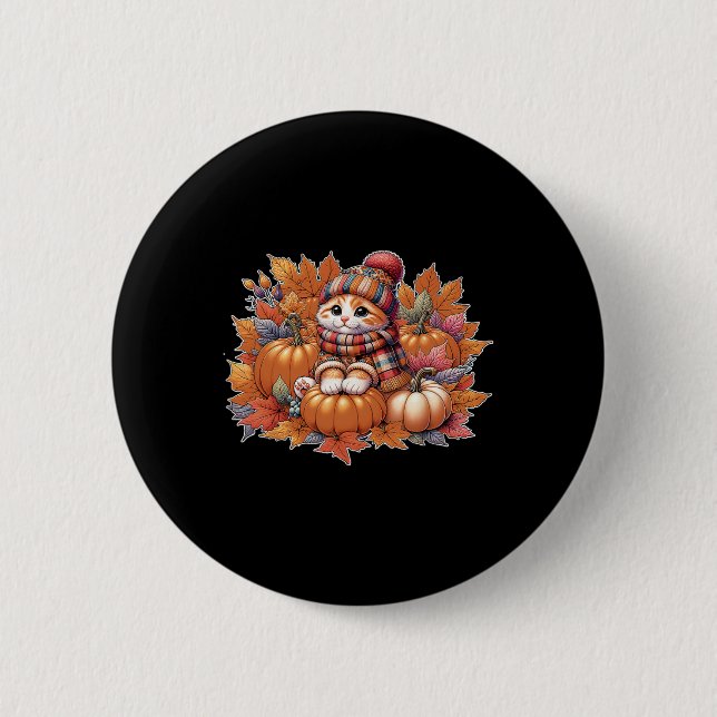Katzenfall-Blätter-hello-Herbst-Katzenkätzchen-Kät Button (Vorderseite)