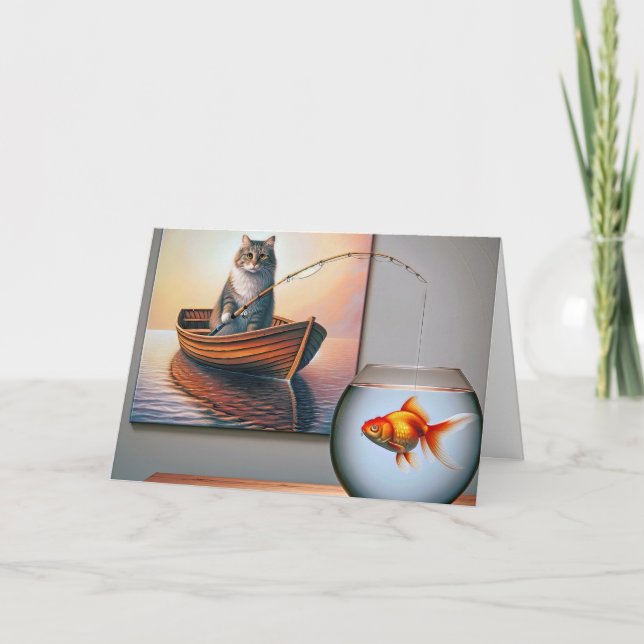 Katzenfischen am Geburtstag eines Goldfischs Karte (Vorderseite)
