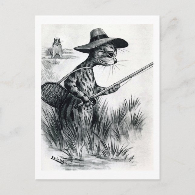 Katzenfischen, Louis Wain Postkarte (Vorderseite)