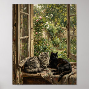 Katzengemälde 'Fenster Salon' Vintage Poster