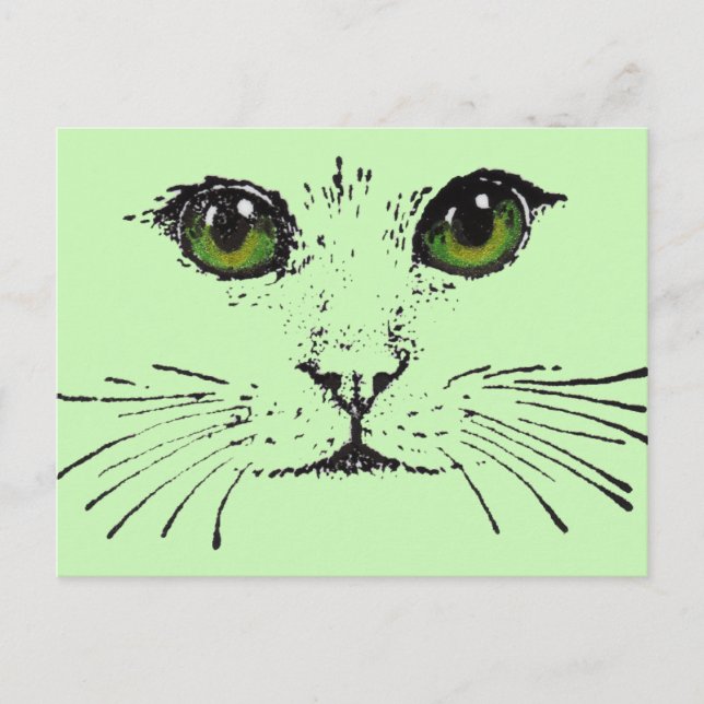 Katzengesicht Schwarz Zeichnend lebendige grüne Au Postkarte (Vorderseite)