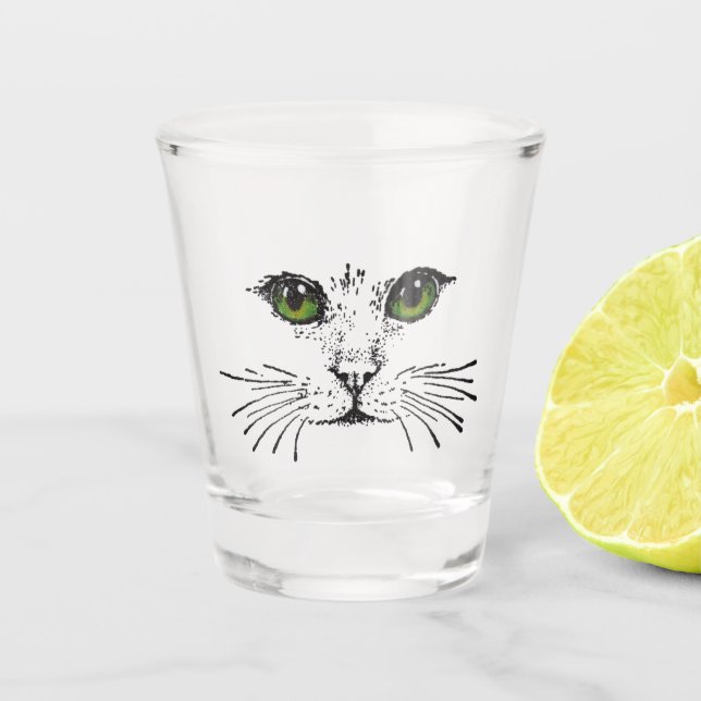 Katzengesicht Zeichnend mit grünen gelben Augen Wh Schnapsglas (Vorderseite)