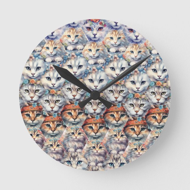 Katzengesichter mit Hexagon-Muster Runde Wanduhr (Vorderseite)
