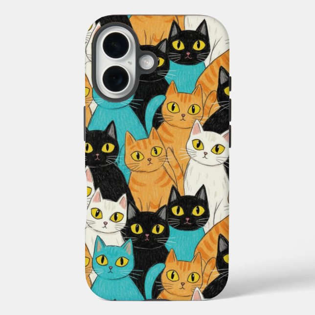 Katzengruppe mit bunter Buntstiftzeichnung iPhone 16 Hülle (Rückseite)