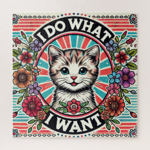 Katzenillustration mit Blumen und positivem Slogan