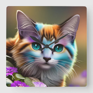 Katzenkatze und Blume Quadratische Wanduhr