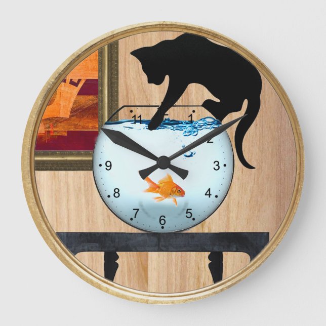 Katzenklatsche auf Fischschüssel Große Wanduhr (Vorderseite)