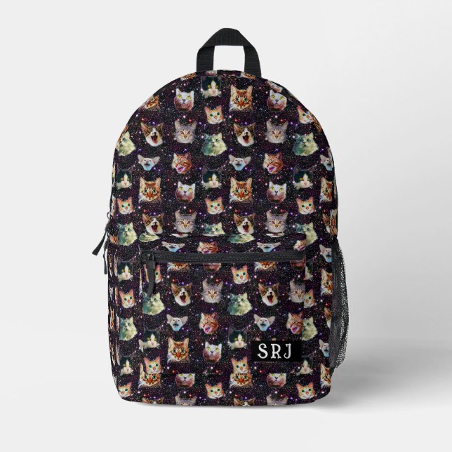 Katzenköpfe im Weltraum Funny Galaxy Mit Monogramm Bedruckter Rucksack (Vorderseite)