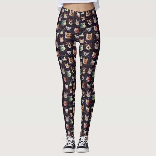 Katzenköpfe im Weltraum Gewittergalaxie-Muster Leggings (Vorderseite)