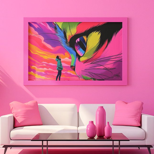 Katzenkosmischer Blick: Ein Treffen der Welten Leinwanddruck (Ginormous Cat Looking at Human - Psychedelic Art
)