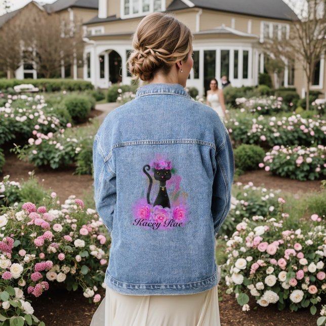 Katzenkrone aus schwarzer Katzenjacke in rosa Rose Jeansjacke (Hochzeit Rückseite)